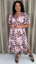 CurveWow Frill Hem Midi Dress Pink Animal