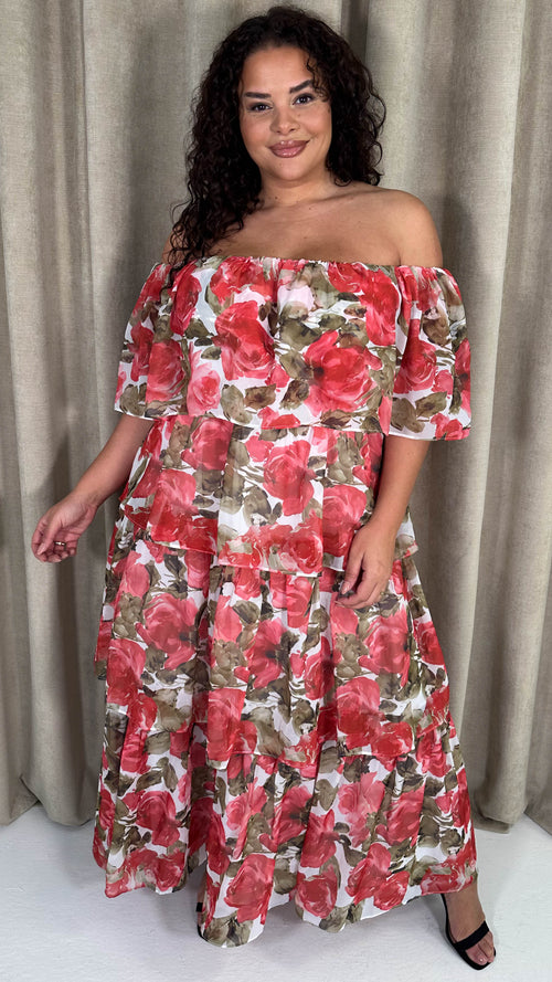 CurveWow Bardot Layered Maxi Dress Red