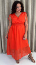 CurveWow Shirred Waist Dobby Midaxi Dress Orange