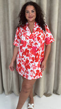 CurveWow Notch Neck Mini Shift Dress Red & Pink Floral