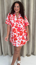 CurveWow Notch Neck Mini Shift Dress Red & Pink Floral