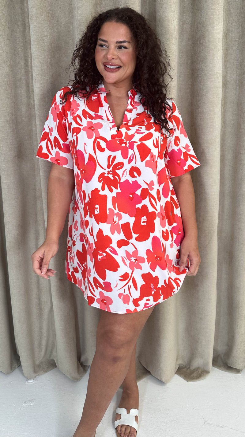 CurveWow Notch Neck Mini Shift Dress Red & Pink Floral