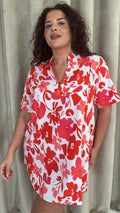 CurveWow Notch Neck Mini Shift Dress Red & Pink Floral