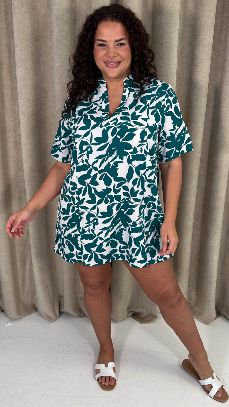 CurveWow Notch Neck Mini Shift Dress Green Floral