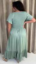 CurveWow Shirred Top Angel Sleeve Maxi Dress Sage Green