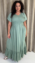 CurveWow Shirred Top Angel Sleeve Maxi Dress Sage Green