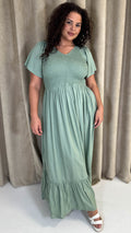 CurveWow Shirred Top Angel Sleeve Maxi Dress Sage Green
