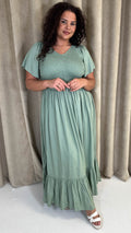 CurveWow Shirred Top Angel Sleeve Maxi Dress Sage Green