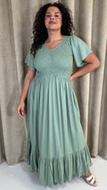 CurveWow Shirred Top Angel Sleeve Maxi Dress Sage Green