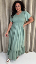 CurveWow Shirred Top Angel Sleeve Maxi Dress Sage Green