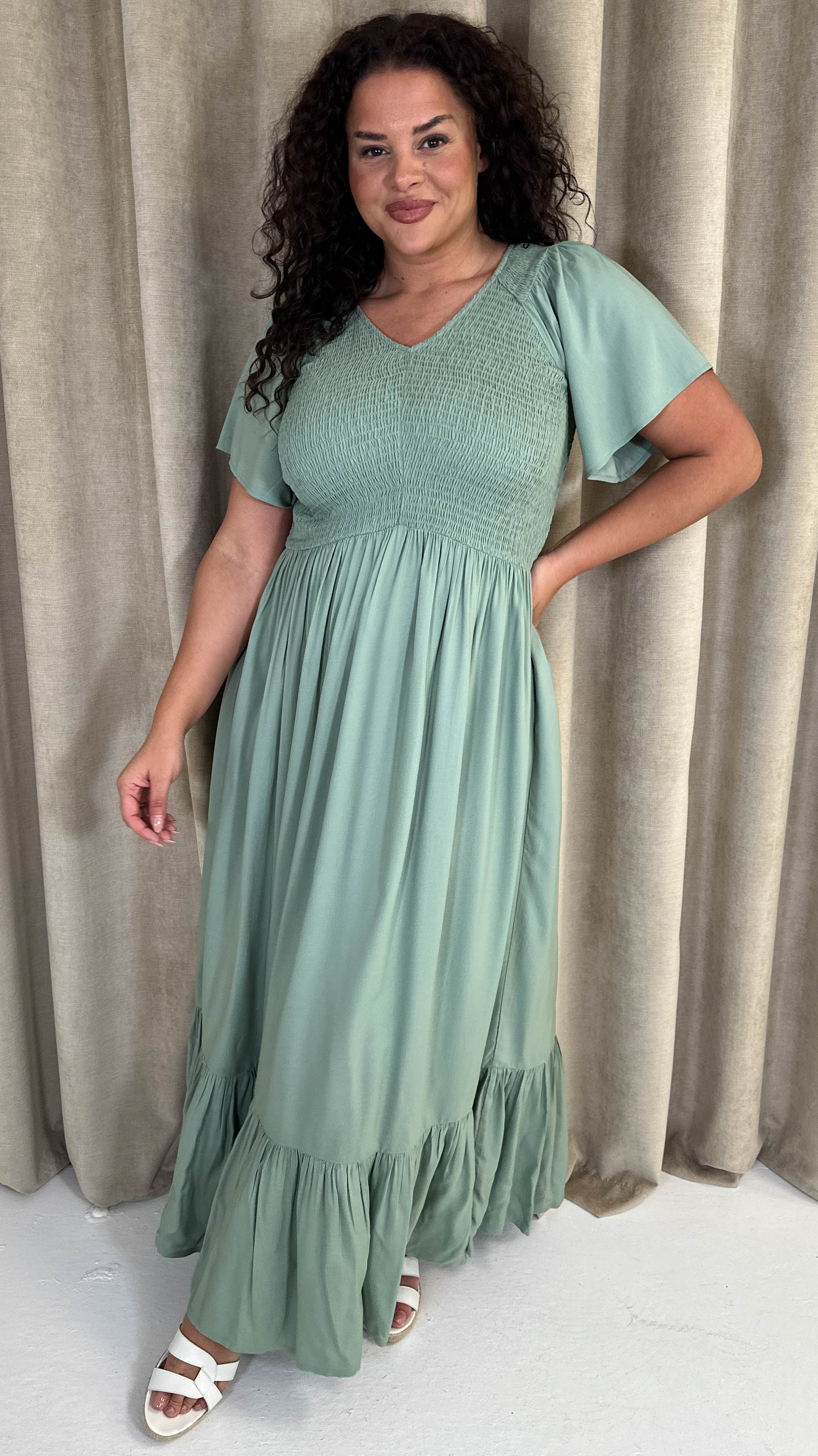 CurveWow Shirred Top Angel Sleeve Maxi Dress Sage Green Curvewow CurveWow Shirred Top Angel Sleeve Maxi Dress Sage Green Curvewow