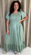 CurveWow Shirred Top Angel Sleeve Maxi Dress Sage Green