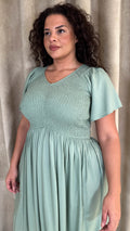 CurveWow Shirred Top Angel Sleeve Maxi Dress Sage Green