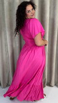CurveWow Shirred Top Angel Sleeve Maxi Dress Bright Pink