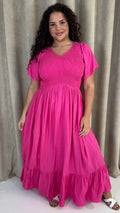 CurveWow Shirred Top Angel Sleeve Maxi Dress Bright Pink