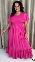 CurveWow Shirred Top Angel Sleeve Maxi Dress Bright Pink