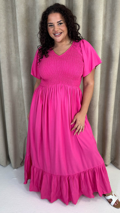 CurveWow Shirred Top Angel Sleeve Maxi Dress Bright Pink