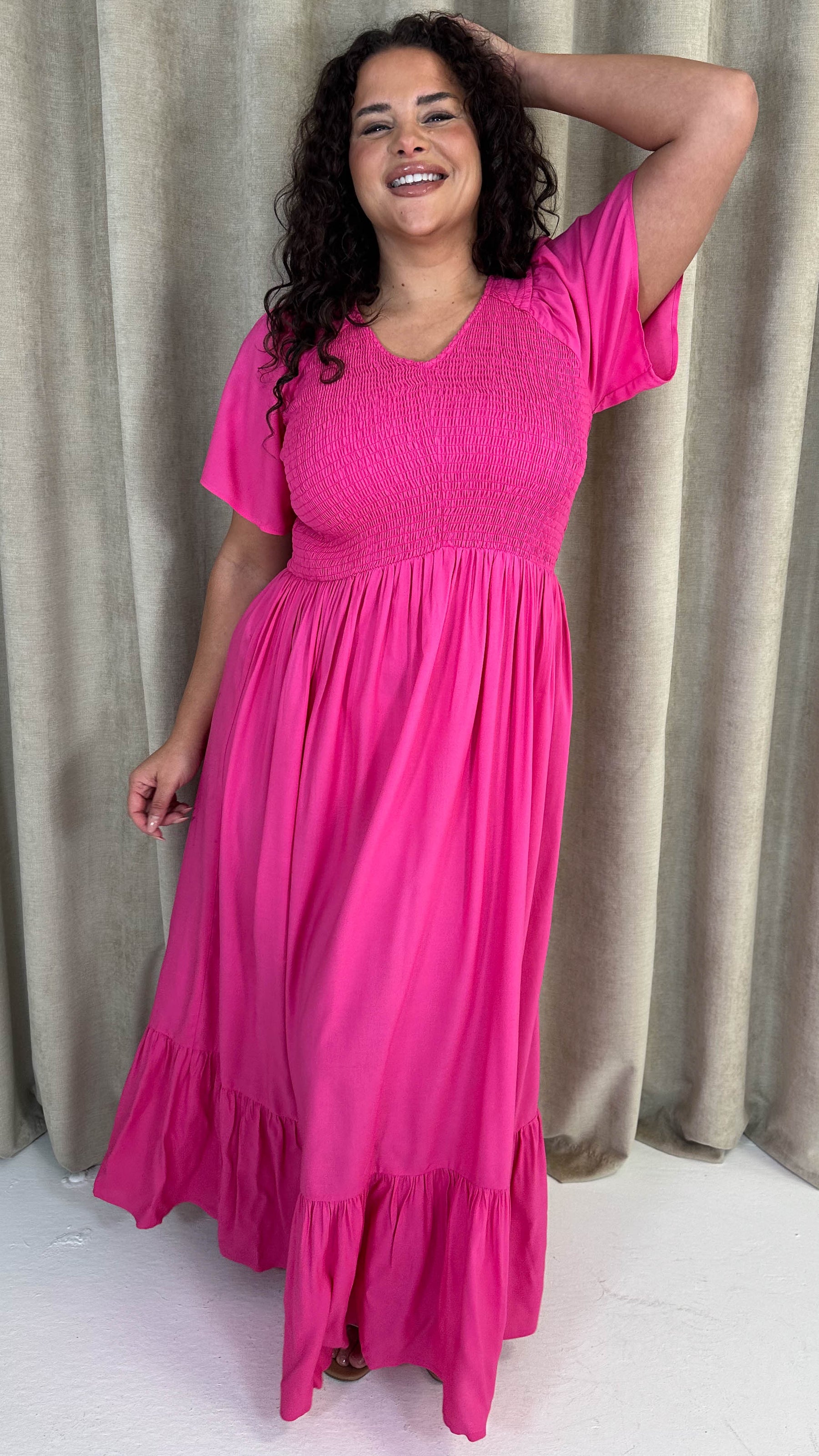 CurveWow Shirred Top Angel Sleeve Maxi Dress Bright Pink – Curvewow