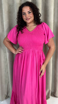 CurveWow Shirred Top Angel Sleeve Maxi Dress Bright Pink