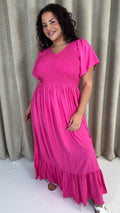 CurveWow Shirred Top Angel Sleeve Maxi Dress Bright Pink