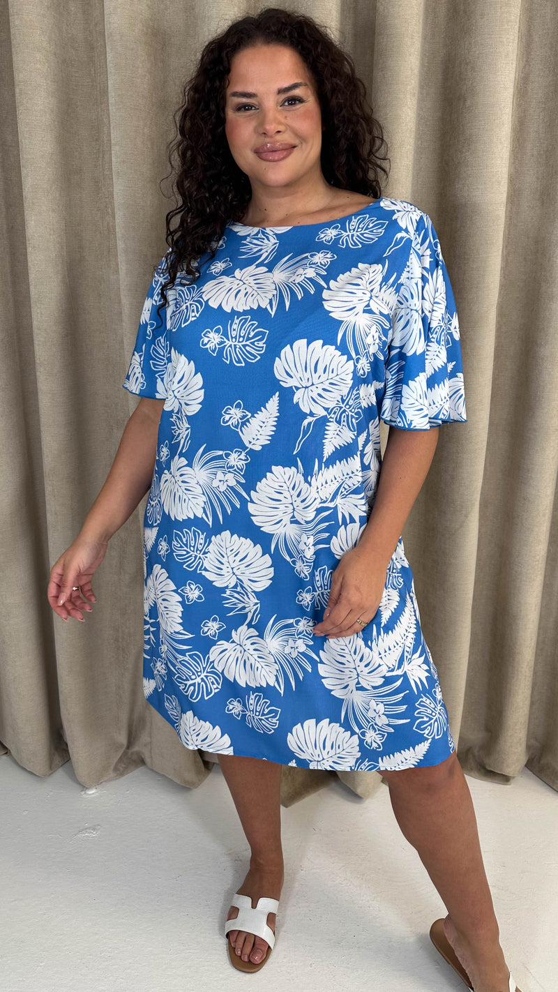 CurveWow V Back Mini Dress Blue Palm