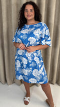 CurveWow V Back Mini Dress Blue Palm