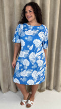 CurveWow V Back Mini Dress Blue Palm