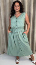 CurveWow Button Front Sundress Sage Green