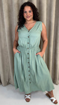 CurveWow Button Front Sundress Sage Green
