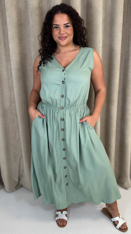 CurveWow Button Front Sundress Sage Green