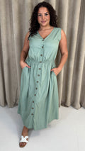 CurveWow Button Front Sundress Sage Green
