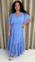 CurveWow V Neck Shirred Waist Maxi Dress Blue