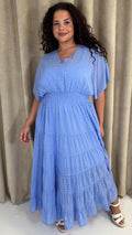 CurveWow V Neck Shirred Waist Maxi Dress Blue