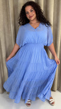 CurveWow V Neck Shirred Waist Maxi Dress Blue