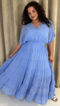 CurveWow V Neck Shirred Waist Maxi Dress Blue