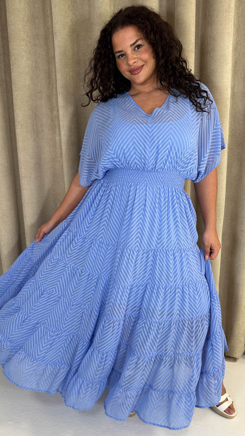 CurveWow V Neck Shirred Waist Maxi Dress Blue