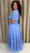 CurveWow V Neck Shirred Waist Maxi Dress Blue