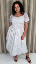 CurveWow Puff Sleeve Midi Dress White & Black Spot
