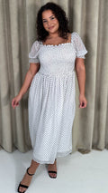 CurveWow Puff Sleeve Midi Dress White & Black Spot