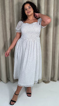 CurveWow Puff Sleeve Midi Dress White & Black Spot