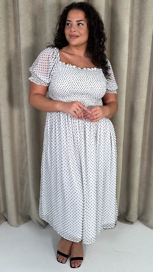 CurveWow Puff Sleeve Midi Dress White & Black Spot
