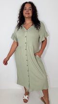 CurveWow Cotton Frill Sleeve Button Front Dress Light Khaki