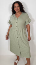 CurveWow Cotton Frill Sleeve Button Front Dress Light Khaki