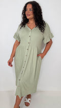 CurveWow Cotton Frill Sleeve Button Front Dress Light Khaki