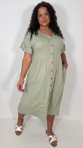 CurveWow Cotton Frill Sleeve Button Front Dress Light Khaki