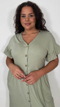 CurveWow Cotton Frill Sleeve Button Front Dress Light Khaki