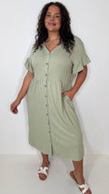 CurveWow Cotton Frill Sleeve Button Front Dress Light Khaki