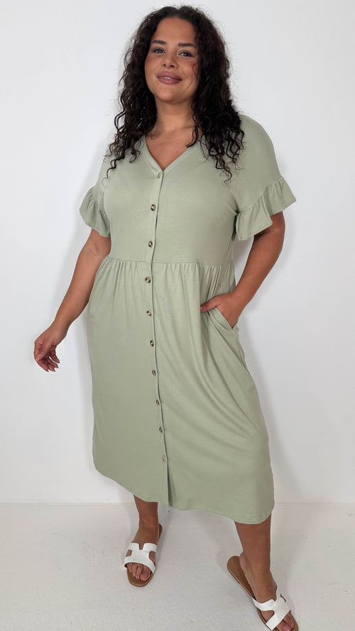 CurveWow Cotton Frill Sleeve Button Front Dress Light Khaki