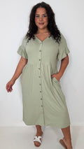 CurveWow Cotton Frill Sleeve Button Front Dress Light Khaki