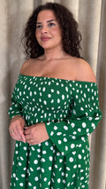 CurveWow Bardot Shirred Midaxi Dress Green Spot